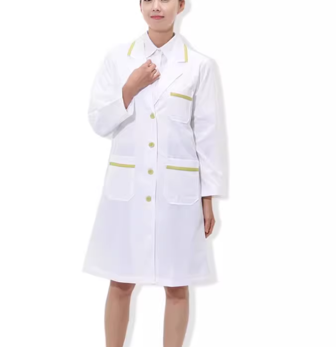 Medical Lab Gown - ชุดหมอชุดสีขาวชายหญิงใส่ทํางานฤดูใบไม้ผลิขอบสีเขียว
