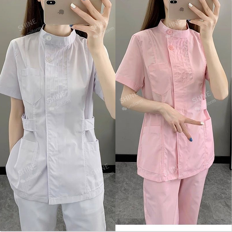 Medical Lab Logo - ชุดพยาบาลสีชมพู เสื้อสครับแขนสั้น เสื้อกาวน์แพทย์ ชุดยูนิฟอร์มแพทย์หญิง เสื้อคลุมสำหรับออกงาน ชุดเสริมสวย